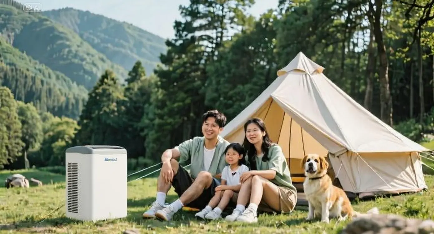 山林帳篷與移動冷氣的露營情境示意
