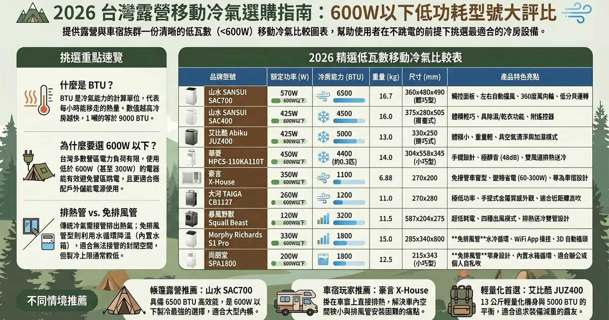 2026 台灣露營移動冷氣選購指南：BTU、功率、重量、尺寸完整比較表